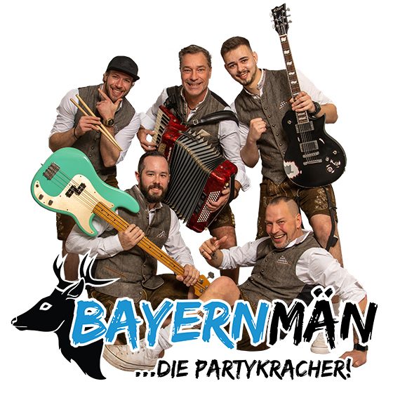 Fünf Musiker in Trachten mit Instrumenten, die zur Feier einladen. Bayernmän Oktoberfestband